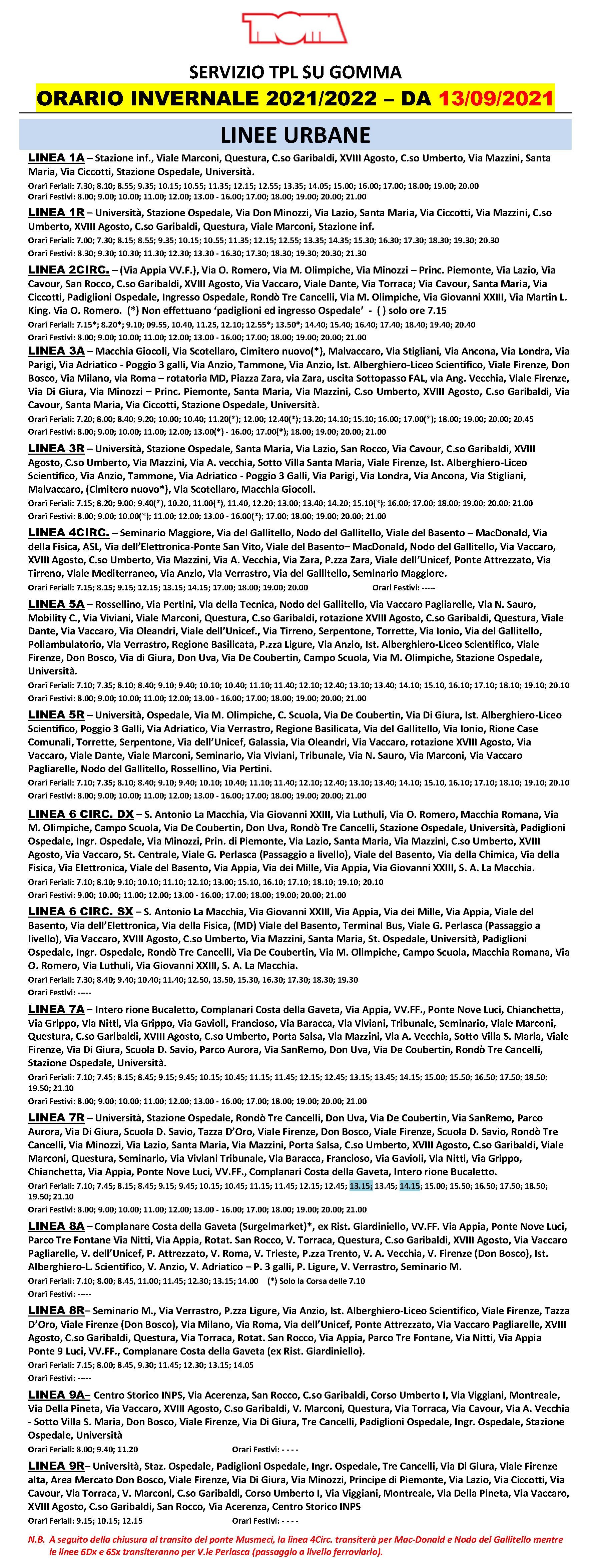Linee Urbane orario inverno 2021-2022